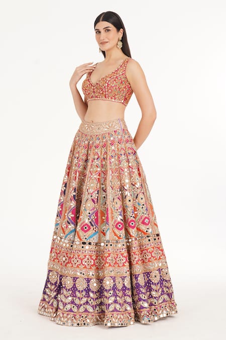 Abhinav Mishra Red Chanderi, Net Mirrors, Zari, Embroidery V-neck Rebecca Pastel Lehenga Set Online at Aza Fashions Abhinav Mishra_Red Chanderi, Net Mirrors, Zari, Embroidery V-neck Rebecca Pastel Lehenga Set _Online_at_Aza_Fashions