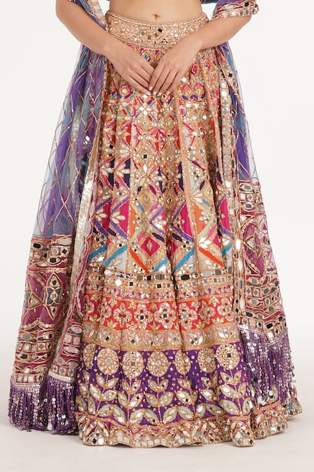 Buy Abhinav Mishra Red Chanderi, Net Mirrors, Zari, Embroidery V-neck Rebecca Pastel Lehenga Set Online at Aza Fashions Buy_Abhinav Mishra_Red Chanderi, Net Mirrors, Zari, Embroidery V-neck Rebecca Pastel Lehenga Set _Online_at_Aza_Fashions