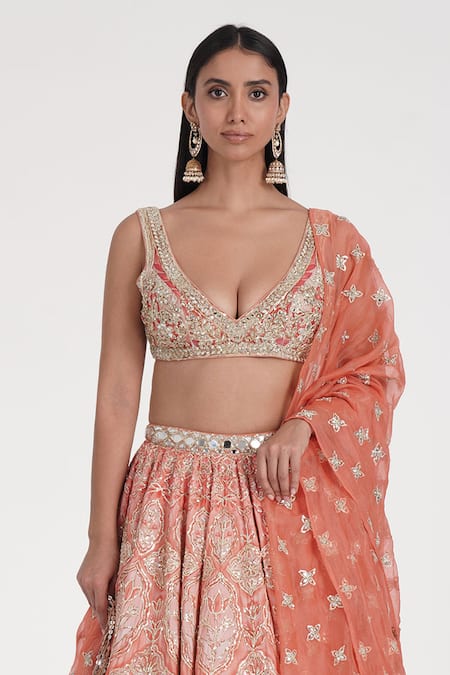 Abhinav Mishra Orange Chanderi, Organza Mirrors, Zari, Embroidery Saffron Pale Lehenga Set Online at Aza Fashions Abhinav Mishra_Orange Chanderi, Organza Mirrors, Zari, Embroidery Saffron Pale Lehenga Set _Online_at_Aza_Fashions