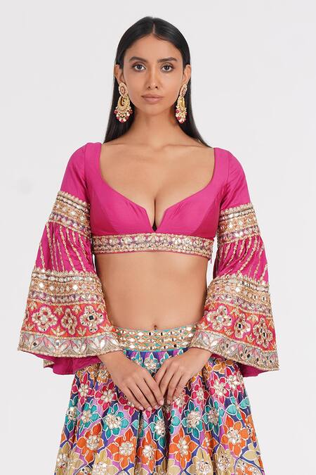 Abhinav Mishra_Multi Color Chanderi, Net Mirrors, Zari, Psychedelic Hues Lehenga Set _Online_at_Aza_Fashions