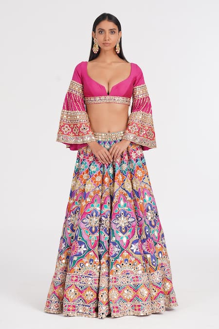 Abhinav Mishra Multi Color Chanderi, Net Mirrors, Zari, Psychedelic Hues Lehenga Set 