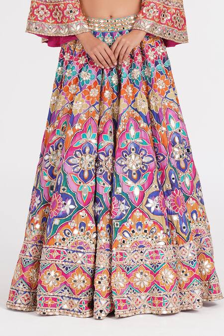 Buy_Abhinav Mishra_Multi Color Chanderi, Net Mirrors, Zari, Psychedelic Hues Lehenga Set _Online_at_Aza_Fashions