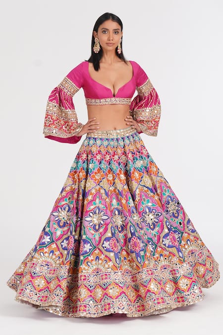 Shop_Abhinav Mishra_Multi Color Chanderi, Net Mirrors, Zari, Psychedelic Hues Lehenga Set _Online_at_Aza_Fashions