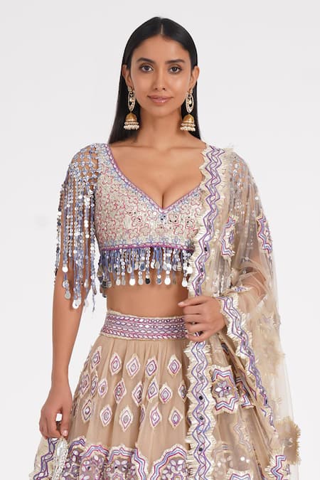Abhinav Mishra_Beige Net Mirrors, Zari, Embroidery, Tassels V-neck Oyster Daisy Lehenga Set _Online_at_Aza_Fashions