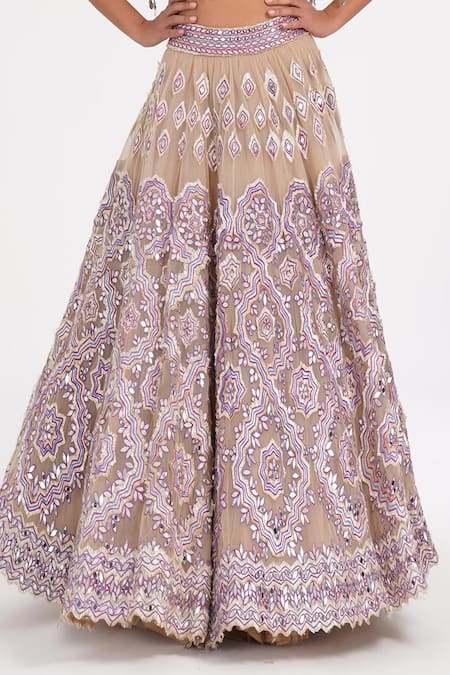 Shop_Abhinav Mishra_Beige Net Mirrors, Zari, Embroidery, Tassels V-neck Oyster Daisy Lehenga Set _Online_at_Aza_Fashions