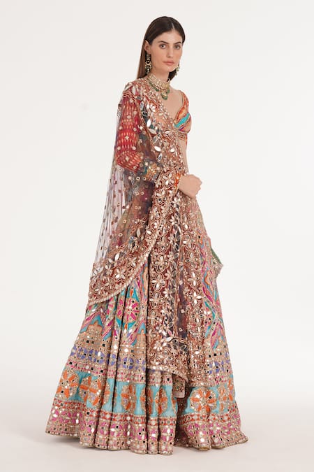 Abhinav Mishra Multi Color Chanderi, Net Mirrors, Zari V-neck Lake Blue Multicolour Lehenga Set Online at Aza Fashions Abhinav Mishra_Multi Color Chanderi, Net Mirrors, Zari V-neck Lake Blue Multicolour Lehenga Set _Online_at_Aza_Fashions