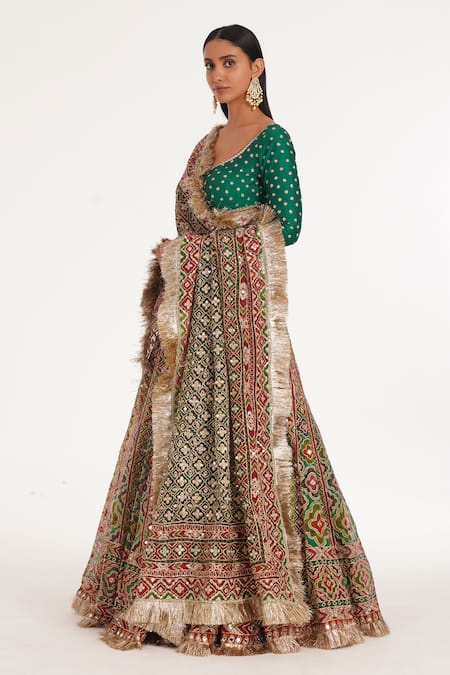 Abhinav Mishra_Multi Color Organza, Chanderi Mirrors, Zari Magnolia Chevron Pattern Lehenga Set _Online_at_Aza_Fashions