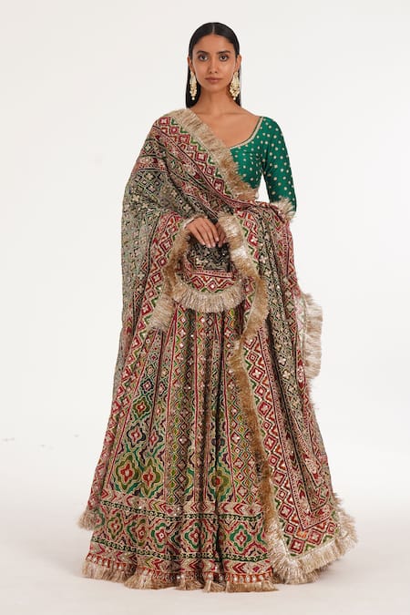 Abhinav Mishra Multi Color Organza, Chanderi Mirrors, Zari Magnolia Chevron Pattern Lehenga Set