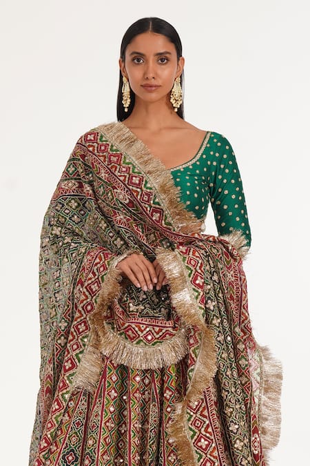 Buy_Abhinav Mishra_Multi Color Organza, Chanderi Mirrors, Zari Magnolia Chevron Pattern Lehenga Set _Online_at_Aza_Fashions
