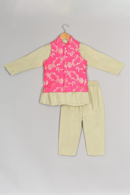 P & S CO Green Silk Embroidery, Zari Nehru Jacket Set