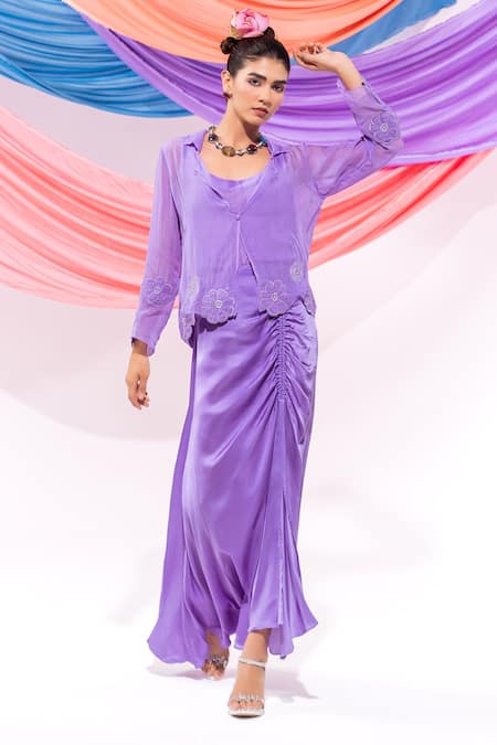 Buy_Leela By A_Purple Organza, Modal, Satin Applique, Floral Pattern Coat And Skirt Set _Online_at_Aza_Fashions