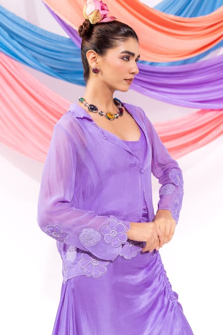 Shop_Leela By A_Purple Organza, Modal, Satin Applique, Floral Pattern Coat And Skirt Set _Online_at_Aza_Fashions