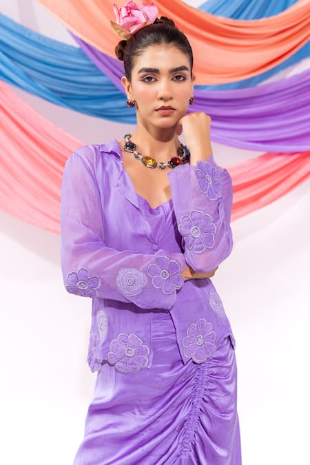 Leela By A_Purple Organza, Modal, Satin Applique, Floral Pattern Coat And Skirt Set _at_Aza_Fashions