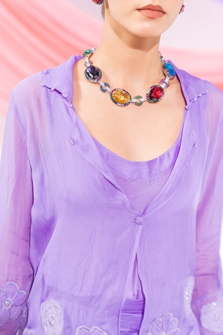 Buy_Leela By A_Purple Organza, Modal, Satin Applique, Floral Pattern Coat And Skirt Set 