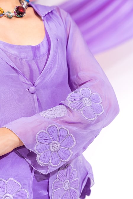 Shop_Leela By A_Purple Organza, Modal, Satin Applique, Floral Pattern Coat And Skirt Set 