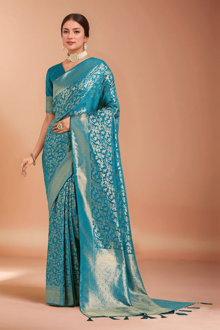 Samyukta Singhania Sky Blue Zari Woven Banarasi Silk Saree With Blouse 