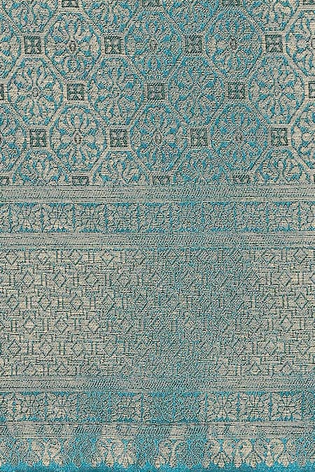 Samyukta Singhania_Sky Blue Tassels V-neck Zari Woven Banarasi Silk Saree With Blouse _at_Aza_Fashions