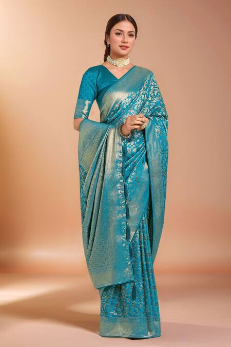 Buy_Samyukta Singhania_Sky Blue Tassels V-neck Zari Woven Banarasi Silk Saree With Blouse 