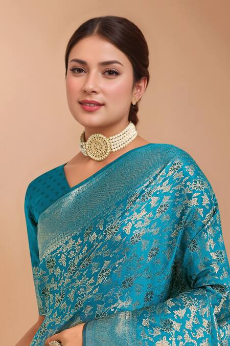 Shop_Samyukta Singhania_Sky Blue Tassels V-neck Zari Woven Banarasi Silk Saree With Blouse 