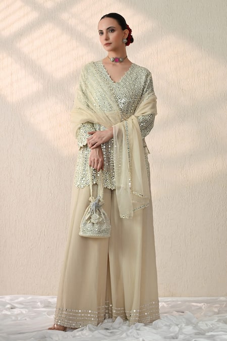 Ohh Crow White Chanderi Silk Mirrors V-neck Cluster Embroidered Kurta Sharara Set 