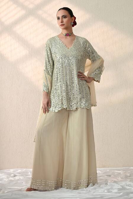 Buy_OHH CROW_White Chanderi Silk Mirrors V-neck Cluster Embroidered Kurta Sharara Set 