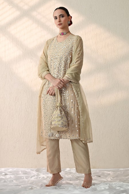 Buy_OHH CROW_White Silk, Sequins, Mirrors, Embroidery Round Kurta Pant Set _Online_at_Aza_Fashions
