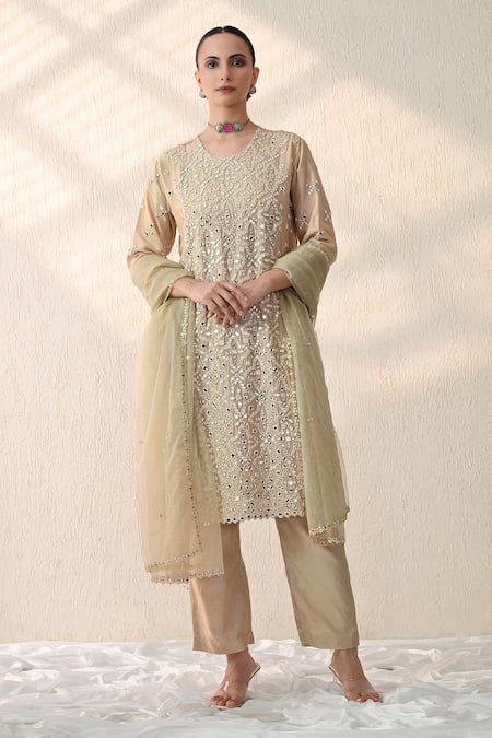 OHH CROW_White Silk, Sequins, Mirrors, Embroidery Round Kurta Pant Set _at_Aza_Fashions