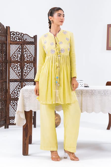 Leela By A_Lime Satin, Chiffon, Muslin Embroidery Round Neck Yoke Flared Top With Pant _Online_at_Aza_Fashions