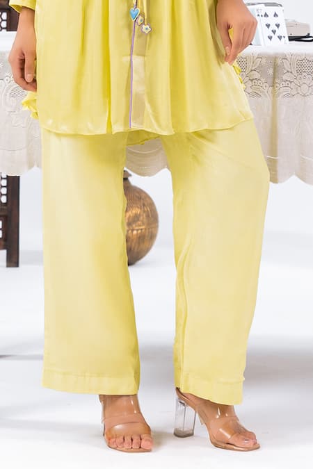 Buy_Leela By A_Lime Satin, Chiffon, Muslin Embroidery Round Neck Yoke Flared Top With Pant _Online_at_Aza_Fashions