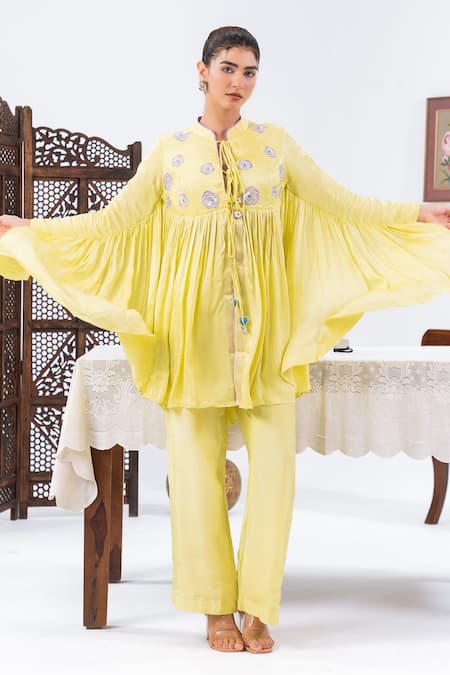 Shop_Leela By A_Lime Satin, Chiffon, Muslin Embroidery Round Neck Yoke Flared Top With Pant _Online_at_Aza_Fashions