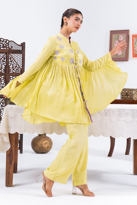 Leela By A_Lime Satin, Chiffon, Muslin Embroidery Round Neck Yoke Flared Top With Pant _at_Aza_Fashions