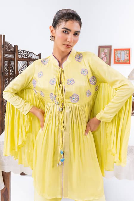 Buy_Leela By A_Lime Satin, Chiffon, Muslin Embroidery Round Neck Yoke Flared Top With Pant 