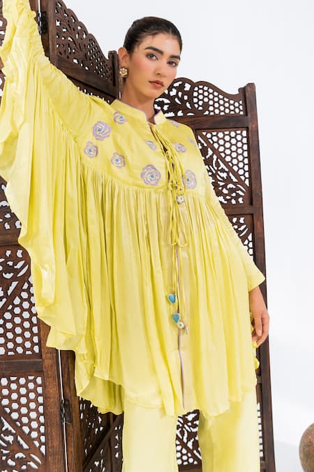 Shop_Leela By A_Lime Satin, Chiffon, Muslin Embroidery Round Neck Yoke Flared Top With Pant 