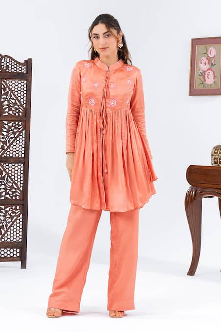 Leela By A Peach Satin, Chiffon, Muslin Embroidery Button-down Yoke Flared Top With Pant
