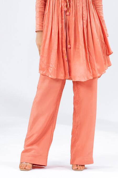 Leela By A_Peach Satin, Chiffon, Muslin Embroidery Button-down Yoke Flared Top With Pant _Online_at_Aza_Fashions