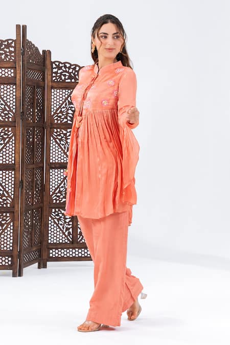 Buy_Leela By A_Peach Satin, Chiffon, Muslin Embroidery Button-down Yoke Flared Top With Pant _Online_at_Aza_Fashions