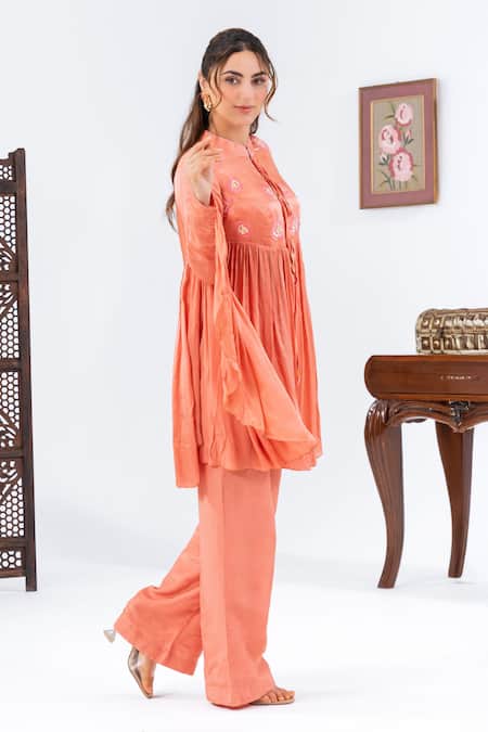 Shop_Leela By A_Peach Satin, Chiffon, Muslin Embroidery Button-down Yoke Flared Top With Pant _Online_at_Aza_Fashions