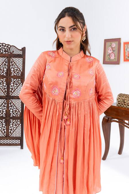 Buy_Leela By A_Peach Satin, Chiffon, Muslin Embroidery Button-down Yoke Flared Top With Pant 