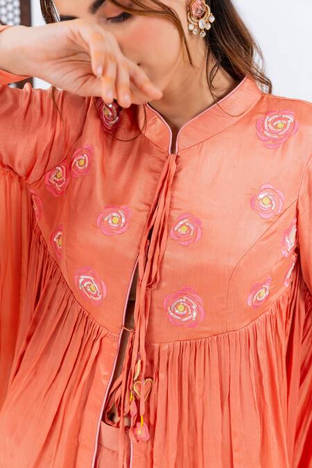 Shop_Leela By A_Peach Satin, Chiffon, Muslin Embroidery Button-down Yoke Flared Top With Pant 