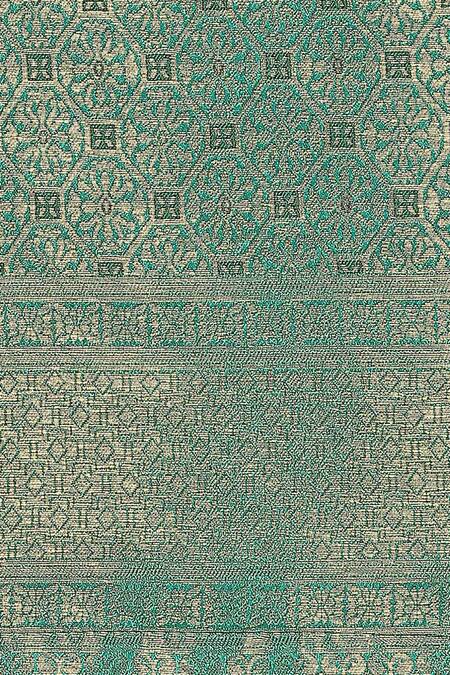 Shop_Samyukta Singhania_Turquoise Tassels, Zari V-neck Woven Banarasi Silk Saree With Blouse _Online_at_Aza_Fashions