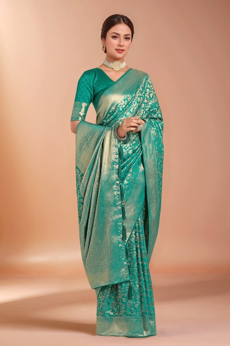 Samyukta Singhania_Turquoise Tassels, Zari V-neck Woven Banarasi Silk Saree With Blouse _at_Aza_Fashions
