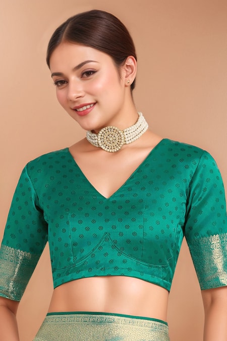 Buy_Samyukta Singhania_Turquoise Tassels, Zari V-neck Woven Banarasi Silk Saree With Blouse 