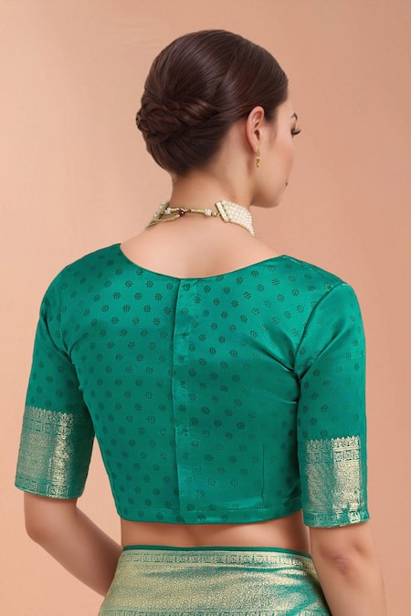 Shop_Samyukta Singhania_Turquoise Tassels, Zari V-neck Woven Banarasi Silk Saree With Blouse 