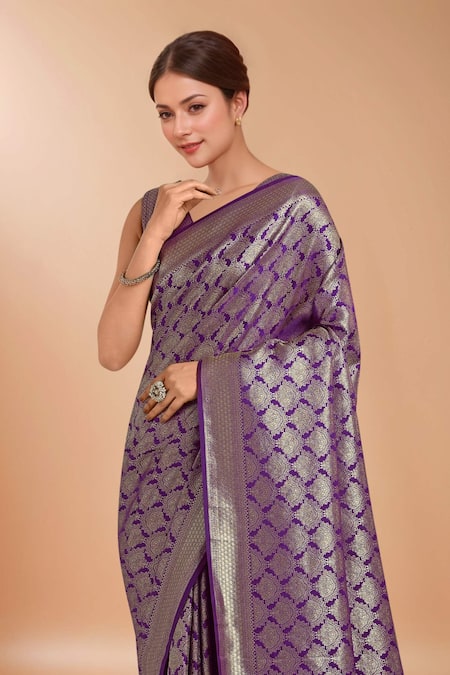 Buy_Samyukta Singhania_Purple Tassels, Zari V-neck Woven Banarasi Saree With Blouse _Online_at_Aza_Fashions