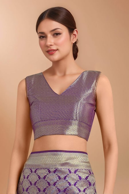 Buy_Samyukta Singhania_Purple Tassels, Zari V-neck Woven Banarasi Saree With Blouse 