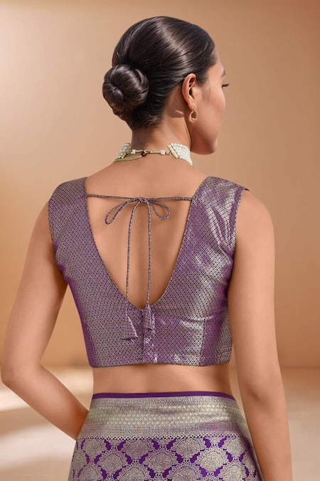 Shop_Samyukta Singhania_Purple Tassels, Zari V-neck Woven Banarasi Saree With Blouse 