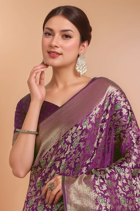 Shop_Samyukta Singhania_Purple Zari V-neck Woven Banarasi Silk Saree With Blouse _Online_at_Aza_Fashions