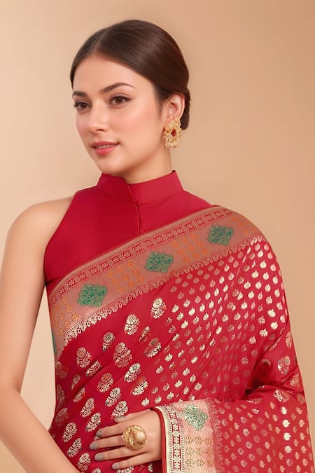 Shop_Samyukta Singhania_Red Tassels High Neck Zari Woven Banarasi Silk Saree With Blouse _Online_at_Aza_Fashions