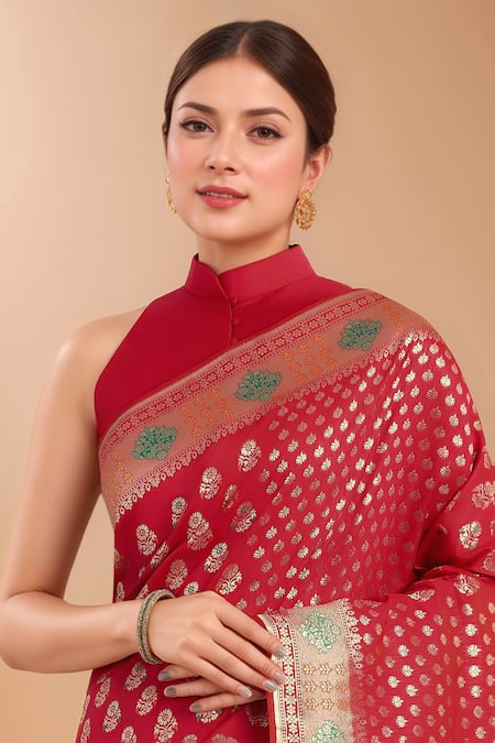 Samyukta Singhania_Red Tassels High Neck Zari Woven Banarasi Silk Saree With Blouse _at_Aza_Fashions