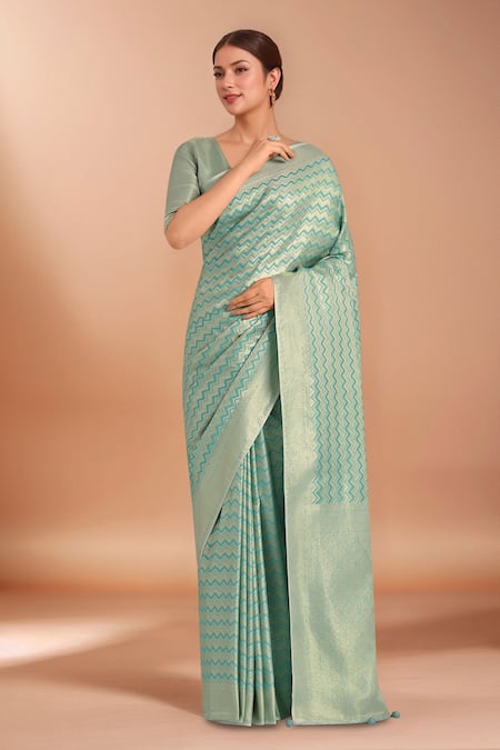 Samyukta Singhania_Blue Embroidery, Zari V-neck Woven Banarasi Satin Silk Saree With Blouse _Online_at_Aza_Fashions